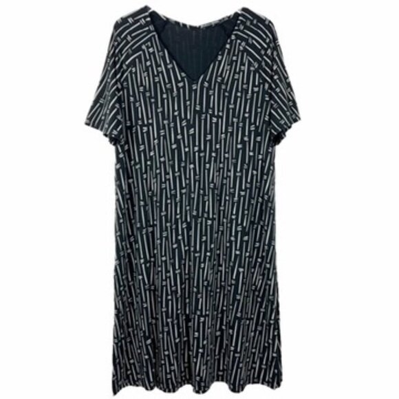 Gudrun Sjödén Bamboo Print V-Neck Lyocell Cotton Midi Dress. Black/White. Size L